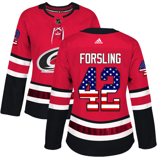 Adidas Hurricanes #42 Gustav Forsling Red Home Authentic USA Flag Women's Stitched NHL Jersey